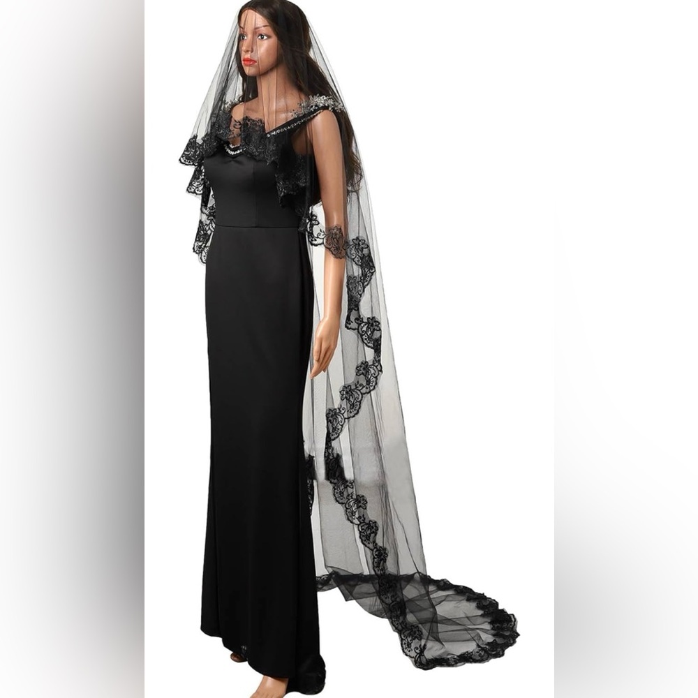 Black Veil Brides Wedding Long Pearl Mourning Funeral Lace Bridal Halloween Veil